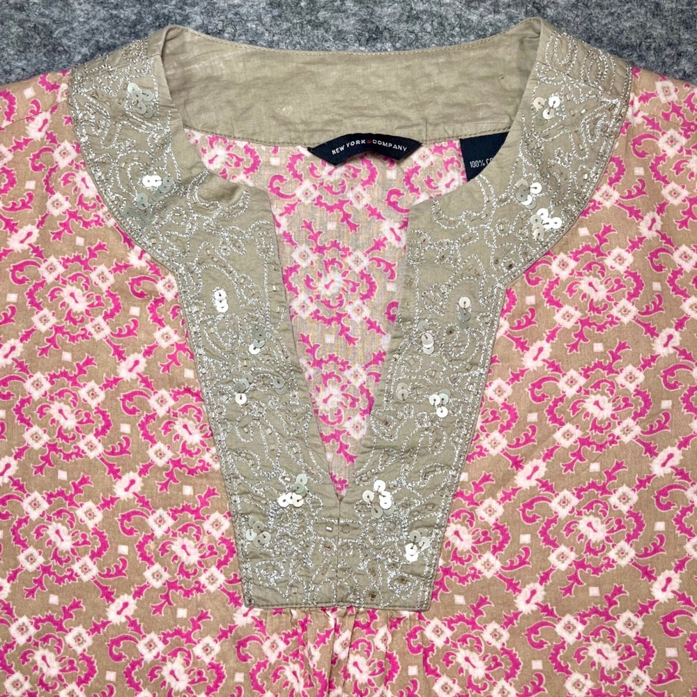 New York & Company Tunic Top Women S Sequins Pink 100% Cotton Boho Resort Casual - Picture 2 of 11